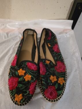 Anthropologie Black Embroidered Mules with Pink & Orange Floral Accents